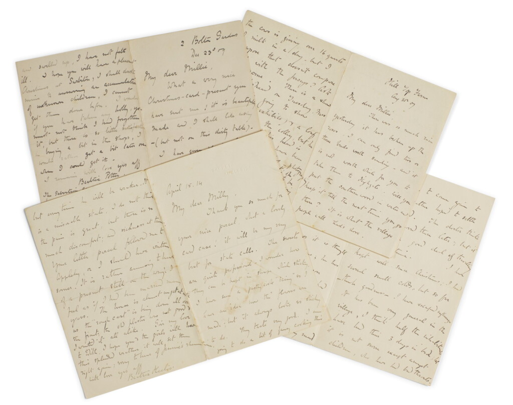 View full screen - View 1 of Lot 220. Potter, Four autograph letters signed ("Beatrix Potter" and "Beatrix Heelis") to Millie Warne, 1907-1914.