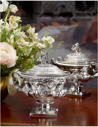 View full screen - View 1 of Lot 26.  A PAIR OF REGENCY SILVER "WARWICK VASE" SAUCE TUREENS, COVERS, AND LINERS FROM THE PEEL SERVICE, BENJAMIN SMITH II AND BENJAMIN SMITH III, LONDON, 1817.