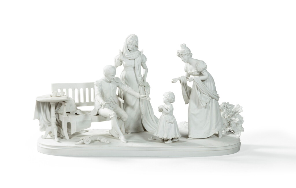 View full screen - View 1 of Lot 58. A porcelain biscuit group representing the first steps of the King of Rome, probably France or Germany, 19th century | Groupe en biscuit de porcelaine représentant les premiers pas du Roi de Rome, probablement France ou Allemagne, XIXe siècle.
