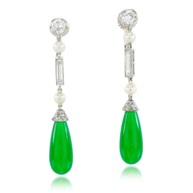 View full screen - View 1 of Lot 34. Pair of Imperial Green jadeite, pearl and diamond earrings, 1920s.