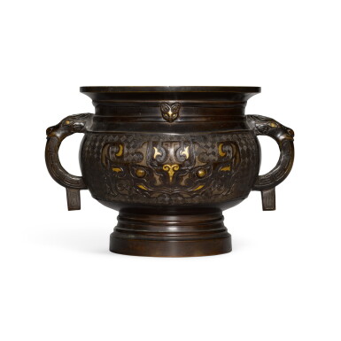 View full screen - View 1 of Lot 249. An archaistic gold and silver-inlaid bronze censer (Gui), Qing dynasty, 18th century | 清十八世紀 銅錯金銀饕餮紋簋式爐.