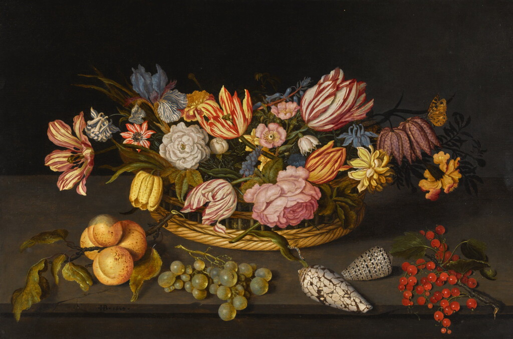 View full screen - View 1 of Lot 27. JOHANNES BOSSCHAERT | Still life of tulips and other flowers in a basket, with shells and fruit on a stone ledge | 約翰內斯・博斯哈特 | 《靜物:籃子內的鬱金香與其他花卉,以及石臺上的貝殼與果實》.