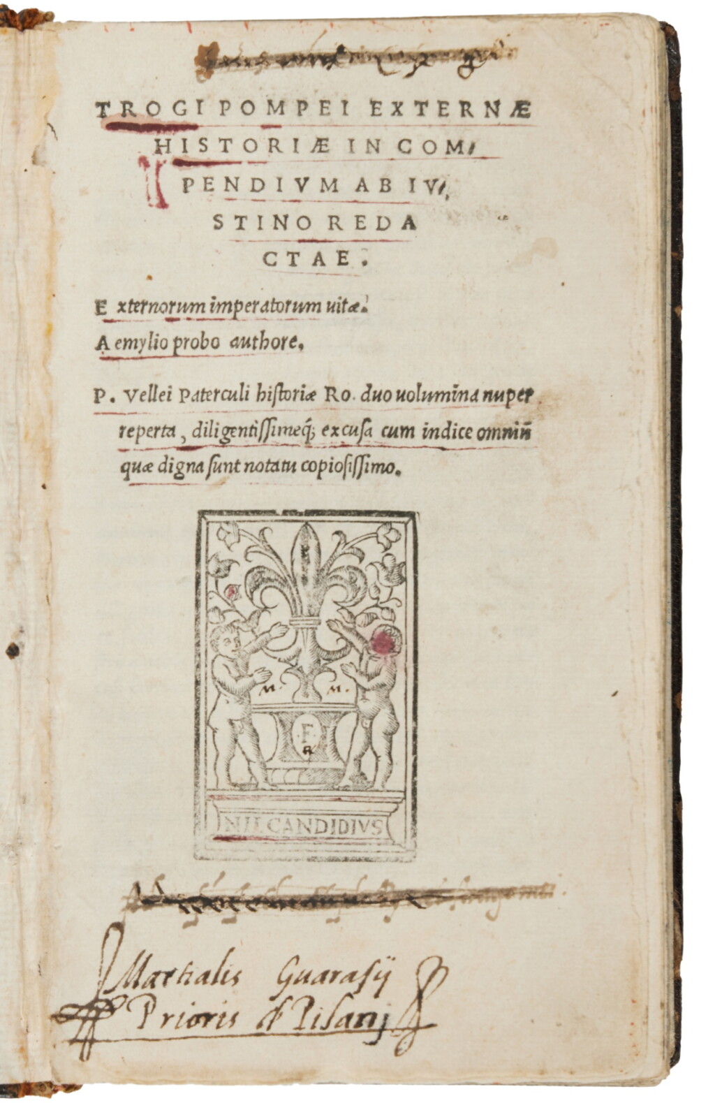 View full screen - View 1 of Lot 807. Justinus, Trogi Pompei externae historiae, Florence, Heirs of Giunta, 1525, contemporary Bolognese brown morocco by Vignette Binder, ca. 1530.