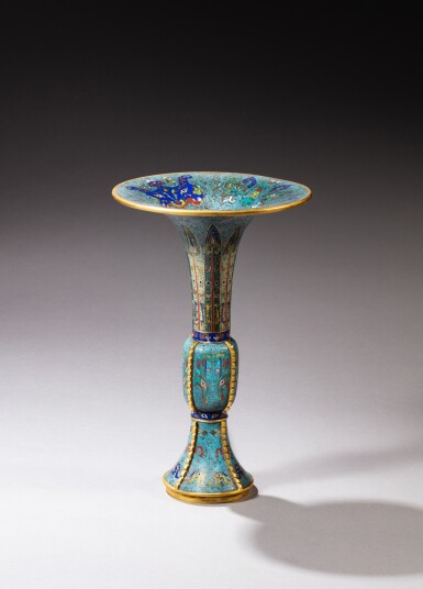 View full screen - View 1 of Lot 51. A cloisonné enamel 'taotie' gu-form vase, 18th century | 十八世紀 銅胎掐絲琺瑯饕餮紋花觚 《大清康熙年製》款.