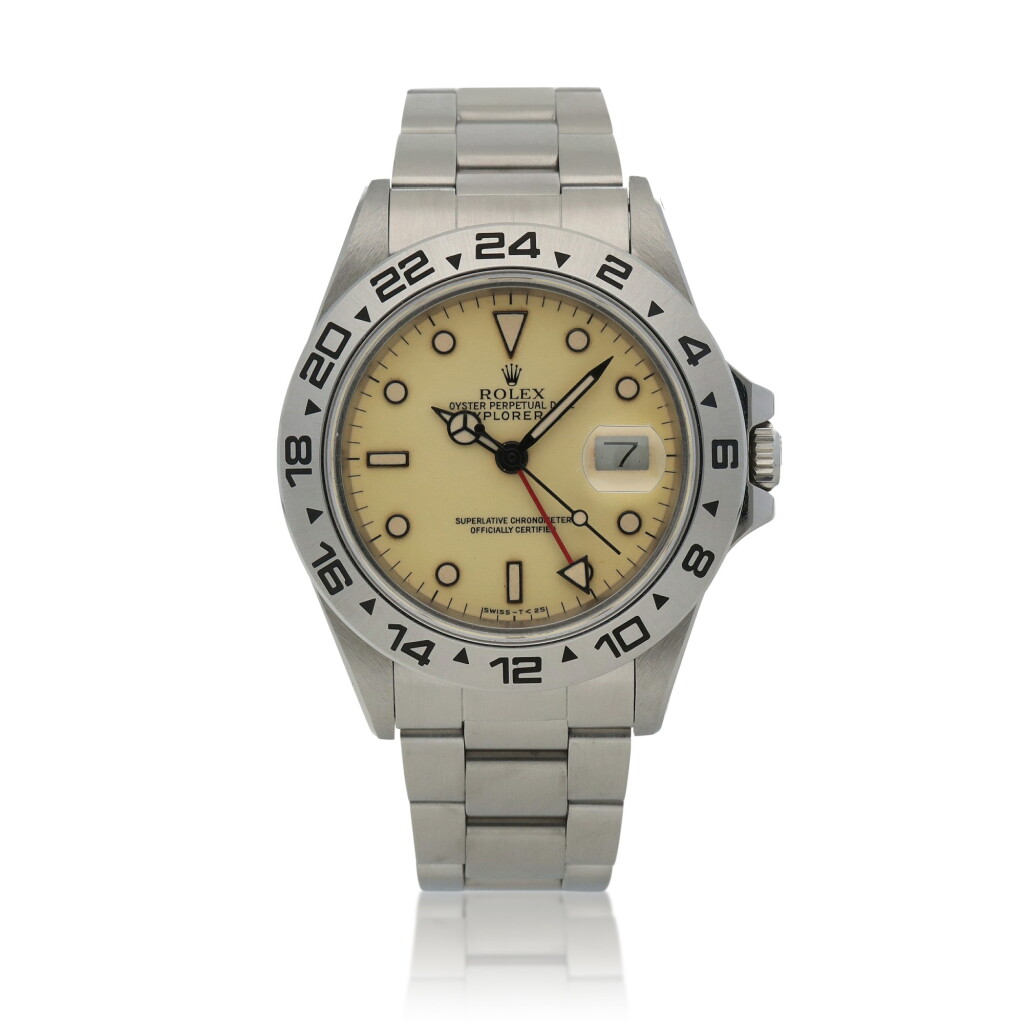 View full screen - View 1 of Lot 14. 'Panna' Explorer II, Ref. 16550, Stainless steel wristwatch with 24-hour indication, date, bracelet and cream dial Circa 1985 | 勞力士 | 16550型號「'Panna' Explorer II」精鋼鍊帶腕錶備24小時及日期顯示,約1985年製.