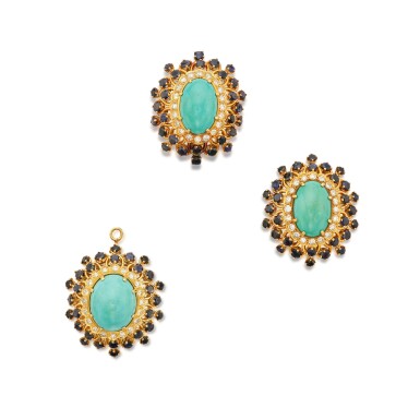 View full screen - View 1 of Lot 141. Turquoise, Sapphire and Diamond Pendant-Brooch and Pair of Earclips.