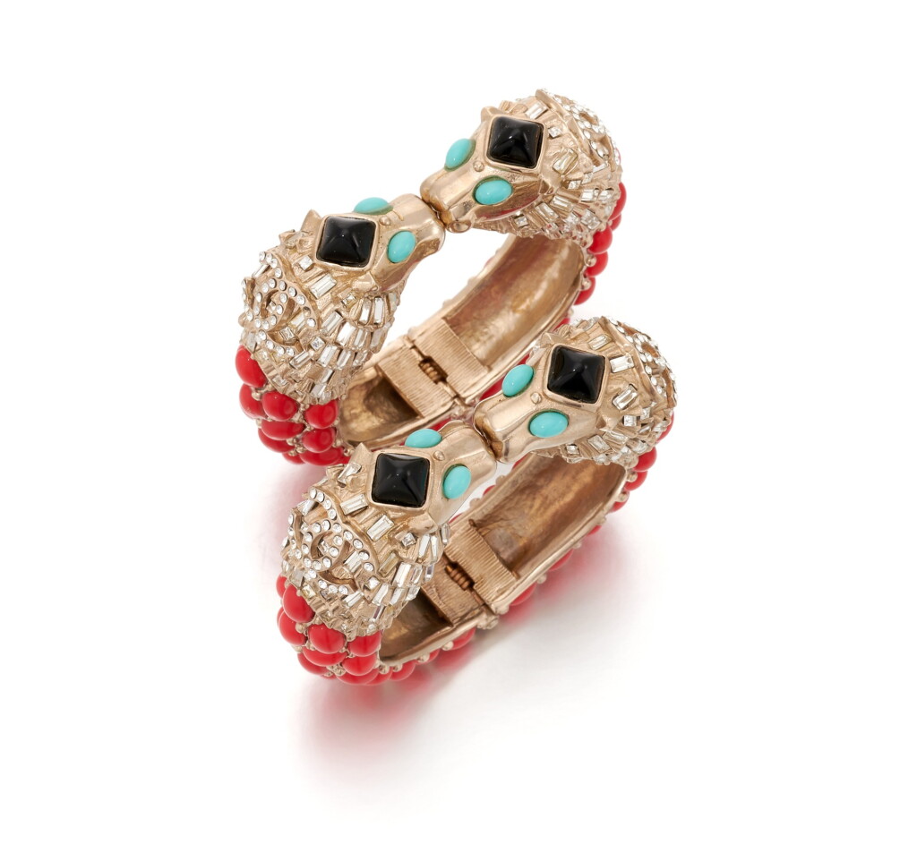 View full screen - View 1 of Lot 97. Pair of red, turquoise and black gripoix and rhinestone cuffs.