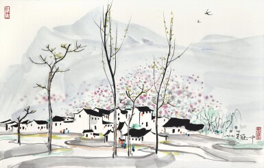 View full screen - View 1 of Lot 3033. 吳冠中 春到人家 | Wu Guanzhong, Village by Spring Mountains.