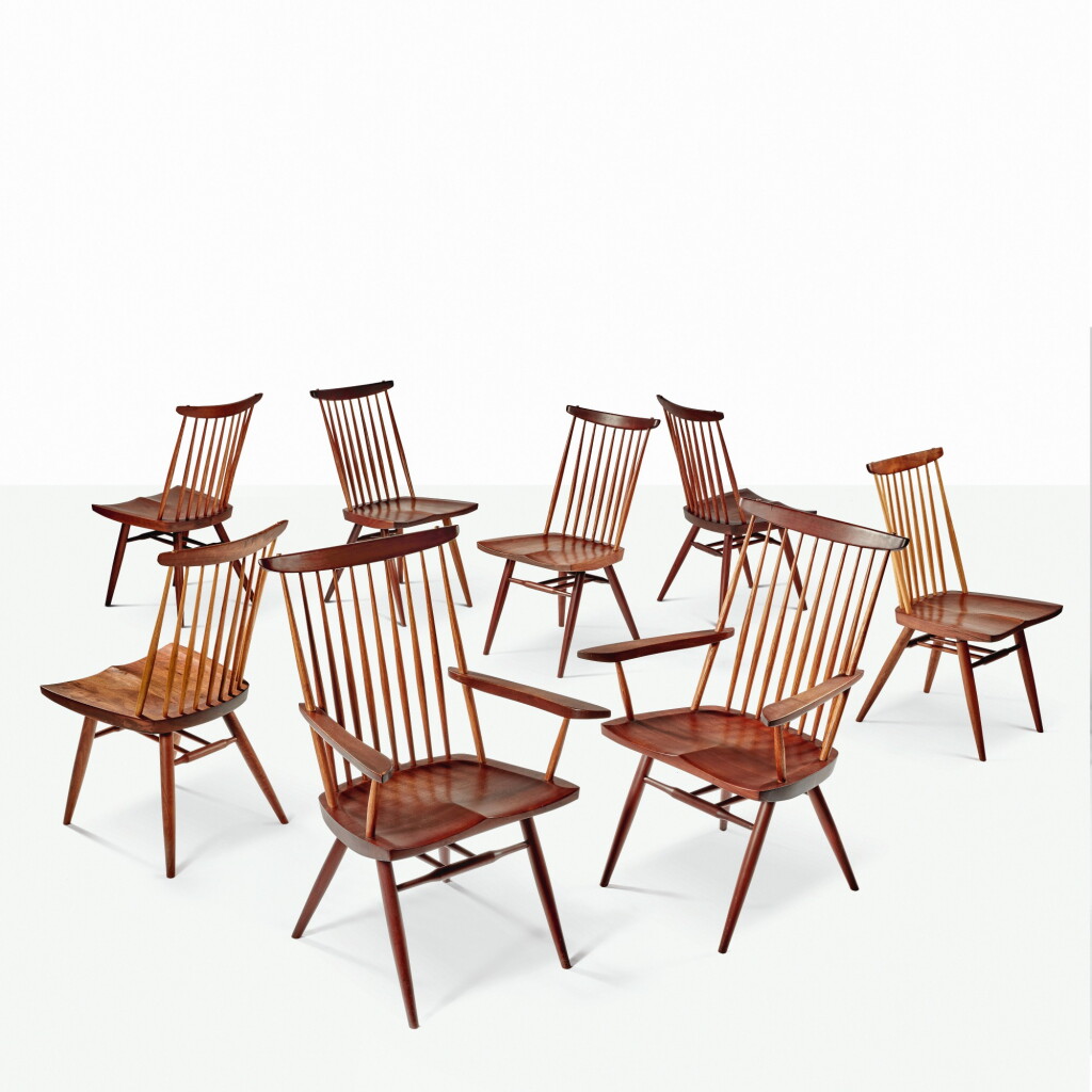 View full screen - View 1 of Lot 105. GEORGE NAKASHIMA | SIX "NEW" SIDE CHAIRS AND TWO "NEW" ARMCHAIRS.