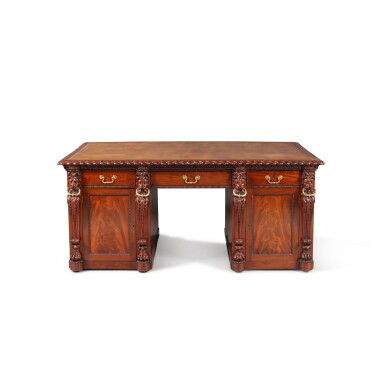 View full screen - View 1 of Lot 111. A George III style mahogany pedestal desk, circa 1900 | Bureau en acajou de style George II, Angleterre, vers 1900.