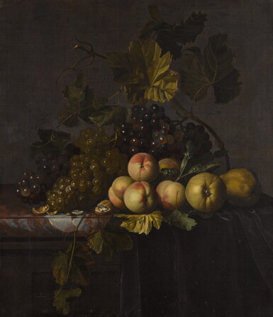 View full screen - View 1 of Lot 166. Still life with grapes, apples and other fruit on a marble slab.