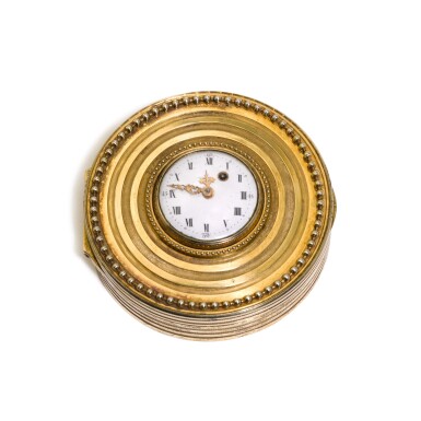 View full screen - View 1 of Lot 132. A SILVER-GILT SNUFF BOX SET WITH A TIMEPIECE AND MINIATURE.