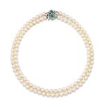 CULTURED PEARL, EMERALD AND DIAMOND NECKLACE