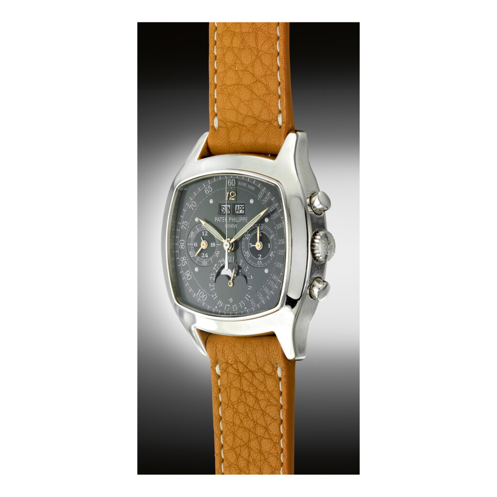 View full screen - View 1 of Lot 1035. PATEK PHILIPPE | REF 5020G 'LUMINOUS GREY DIAL', A POSSIBLY UNIQUE WHITE GOLD PERPETUAL CALENDAR CHRONOGRAPH WRISTWATCH WITH MOON PHASES AND LEAP YEAR INDICATION, MADE IN 2009 | 百達翡麗 |5020G型號「LUMINOUS GREY DIAL」白金萬年曆計時腕錶備月相及閏年顯示,2009年製.