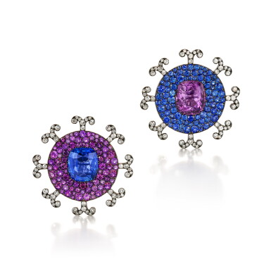 View full screen - View 1 of Lot 1894. Pair of Sapphire, Amethyst and Diamond Ear Clips | JAR | 天然 「斯里蘭卡」未經加熱 藍寶石 及 紫水晶 配 鑽石 耳夾一對.