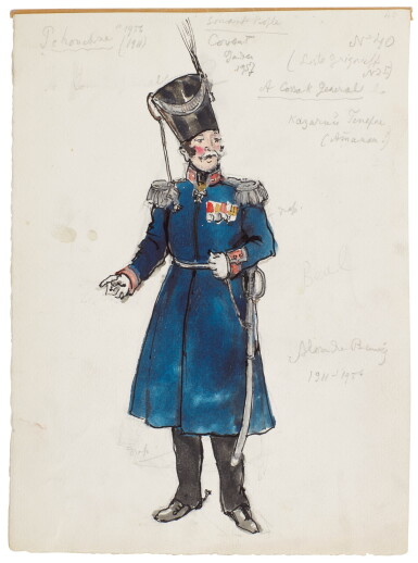 View full screen - View 1 of Lot 23. ALEXANDRE BENOIS | COSTUME DESIGN FOR A COSSAK GENERAL IN STRAVINSKY'S PETRUSHKA.