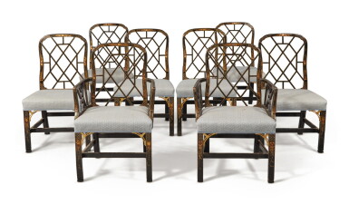 View full screen - View 1 of Lot 4. A Set of Eight English Black and Gilt Japanned Dining Chairs, Late 19th Century.