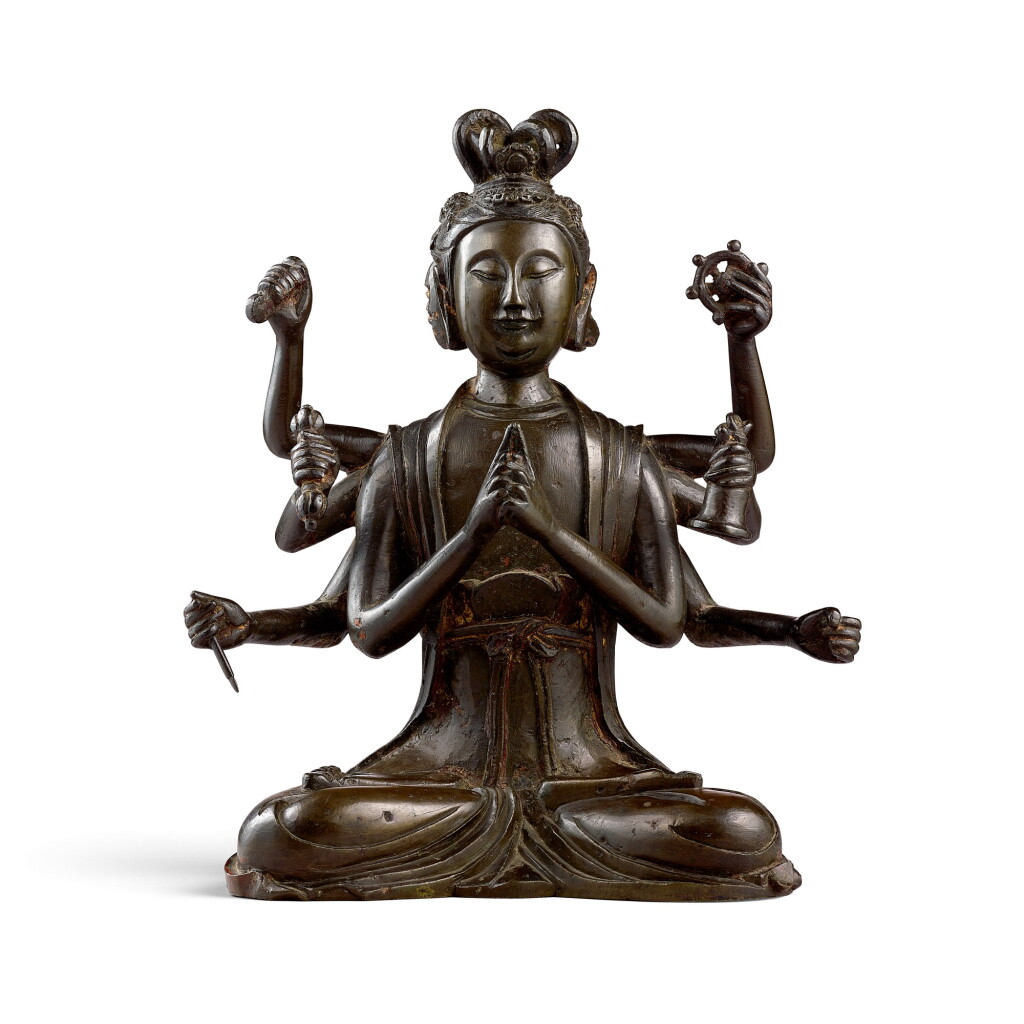 View full screen - View 1 of Lot 3668. A rare gilt-lacquer bronze figure of Marici Yuan dynasty | 元 銅漆金摩利支天菩薩坐像.