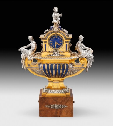 View full screen - View 1 of Lot 273. A gilt-bronze, silver and lapis lazuli mantel-clock, Fannière Brothers, Paris, 1875 | Pendule en argent, bronze doré et lapis lazuli par les frères Fannière, Paris, 1875.