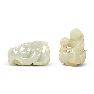 View full screen - View 1 of Lot 164. A pale celadon jade 'boy and goose' group and a pale celadon jade 'morning glory' group.