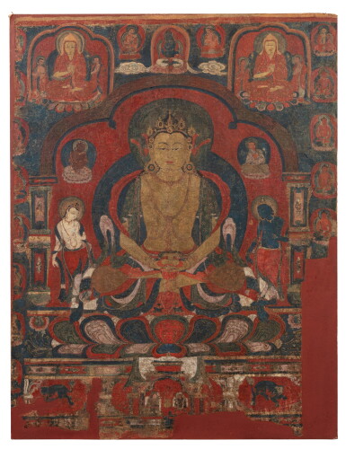View full screen - View 1 of Lot 101. A rare thangka depicting Amitayus West Tibet, ca. 15th century | 西藏西 約十五世紀 無量壽佛唐卡 設色布本.