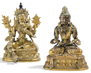 View full screen - View 1 of Lot 155. DEUX STATUETTES DE DIVINITÉS EN BRONZE DORÉ DYNASTIE QING, XIXE SIÈCLE | 清十九世紀 鎏金銅無量壽佛坐像 及 清十九世紀 鎏金銅綠度母坐像 | Two gilt-bronze figures of Green Tara and Amitayus, Qing Dynasty, 19th century.
