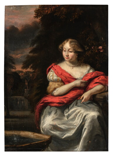 View full screen - View 1 of Lot 57. Portrait of a woman seated beside a fountain in a garden.