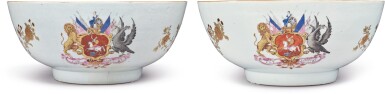 View full screen - View 1 of Lot 315. A RARE PAIR OF LARGE CHINESE EXPORT ARMORIAL PUNCH BOWLS, QING DYNASTY, QIANLONG PERIOD, CIRCA 1755.