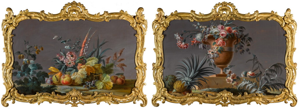 View full screen - View 1 of Lot 173. FRENCH SCHOOL, 19TH CENTURY | STILL LIFE WITH FRUITS AND FLOWERS, INCLUDING APPLES, PEARS AND GRAPES ON A LEDGE; AND STILL LIFE WITH FLOWERS AND FRUIT, INCLUDING A WATERMELON AND A PINEAPPLE, IN AN URN ON A STEP.