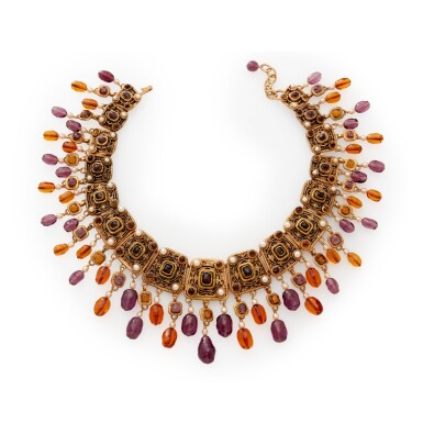 View full screen - View 1 of Lot 126. Orange and Purple Gripoix Glass, Imitation Pearl and Gold Metal Necklace, 1971-1980.