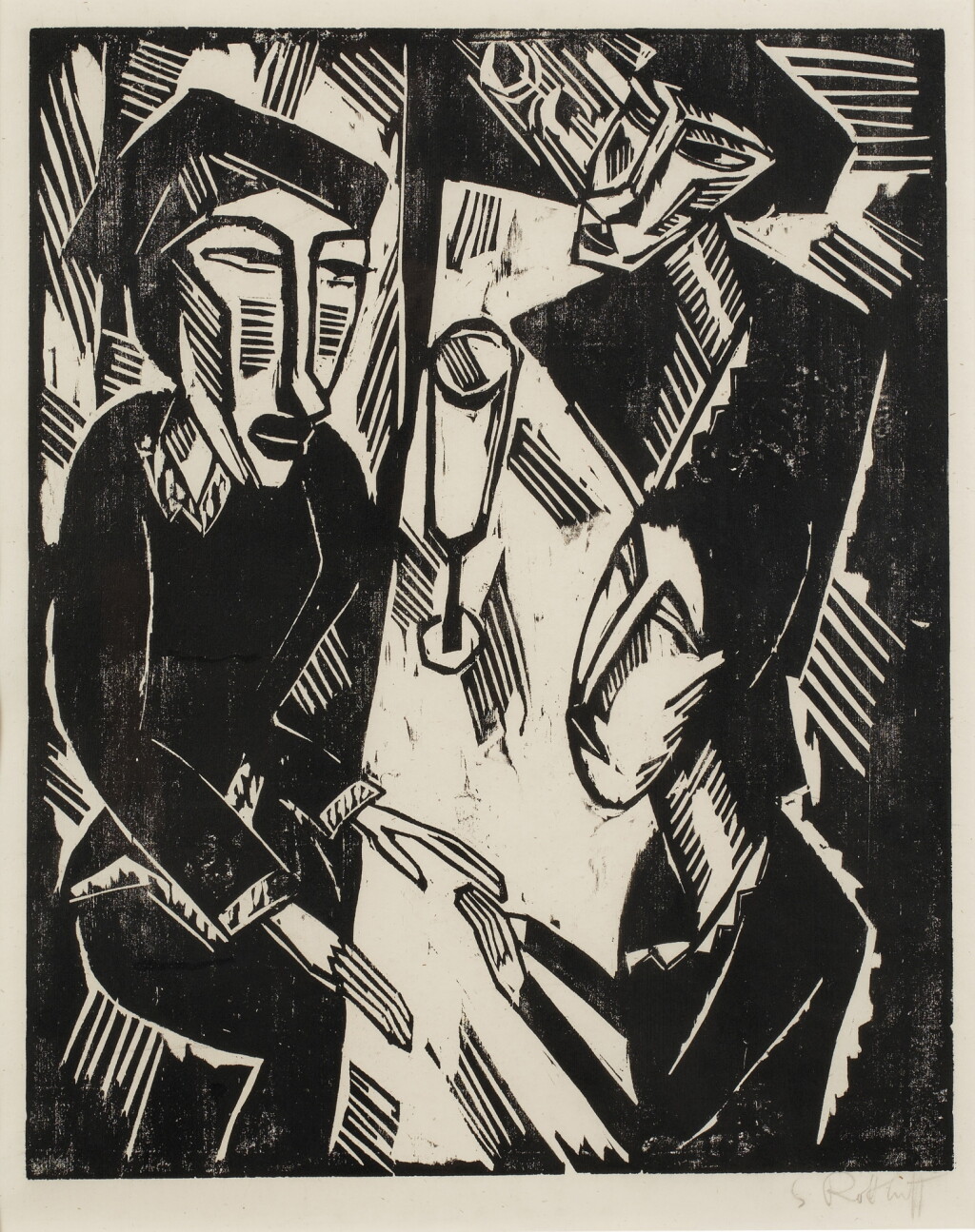 View full screen - View 1 of Lot 786. Drei am Tisch, from Zehn Holzschnitte von Schmidt-Rottluff (Schapire H 167).