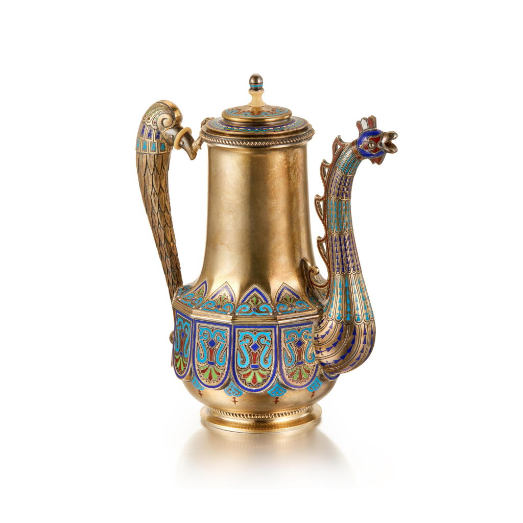 View full screen - View 1 of Lot 208. A silver-gilt and champlevé enamel coffee pot, Khlebnikov, Moscow, 1879.