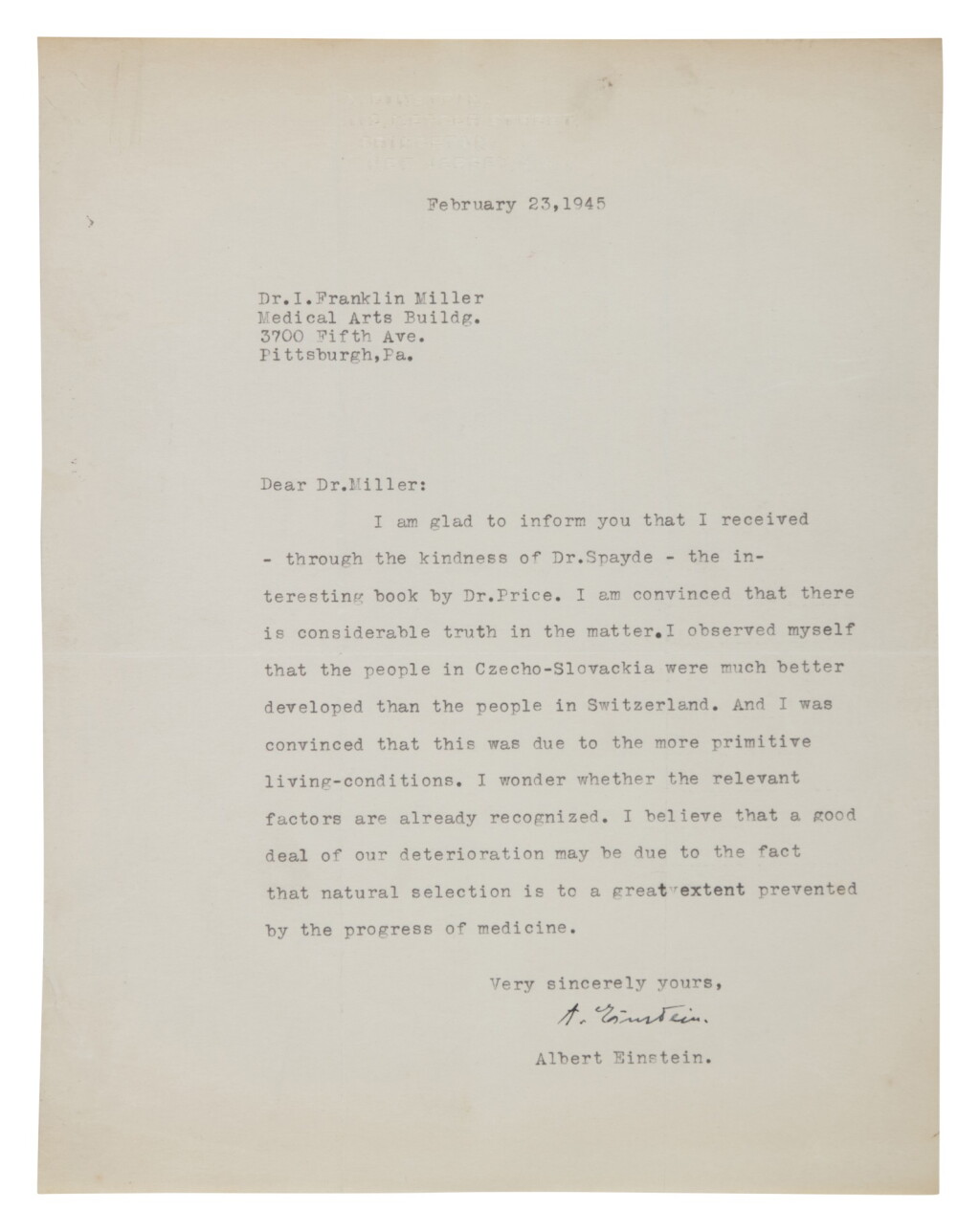View full screen - View 1 of Lot 54. Einstein, Albert. Typed Letter Signed To Dr. I Franklin Miller, Princeton, New Jersey, Feb 23, 1945.