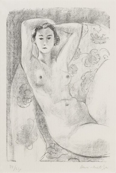 View full screen - View 1 of Lot 170. HENRI MATISSE | NU ASSIS DANS UN FAUTEUIL AU DÉCOR FLEURI (DUTHUIT 445).