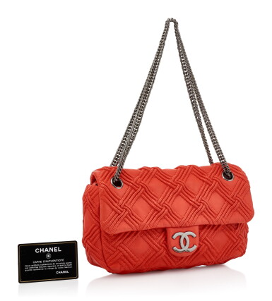 View full screen - View 1 of Lot 158. RED LEATHER WITH GUN-TONE METAL SHOULDER BAG, CHANEL.
