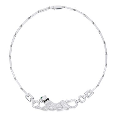 View full screen - View 1 of Lot 431. DIAMOND, ONYX AND EMERALD 'DAME À LA PANTHÈRE' NECKLACE, CARTIER, FRANCE | 鑽石配縞瑪瑙及祖母綠「Dame à la Panthère」項鏈,卡地亞.