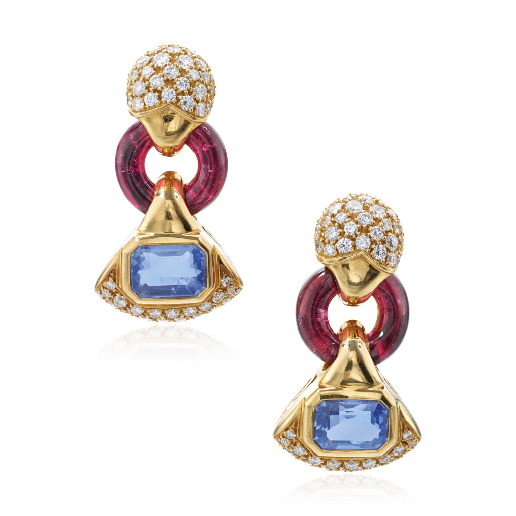 View full screen - View 1 of Lot 768. Pair of Sapphire, Tourmaline and Diamond Earclips.