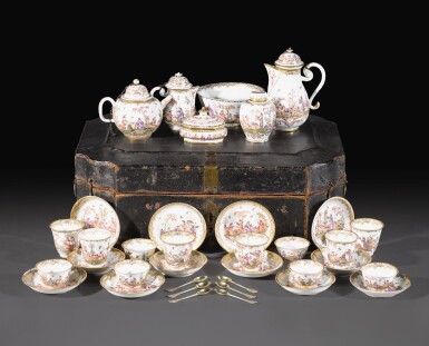 View full screen - View 1 of Lot 11. A Meissen presentation service decorated in Augsburg, the porcelain circa 1725, the decoration circa 1731.
