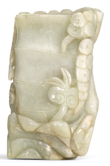 View full screen - View 1 of Lot 369. A PALE CELADON JADE 'BAMBOO' VASE QING DYNASTY, 19TH CENTURY | 清十九世紀 青白玉松鶴延年紋竹節式花插.