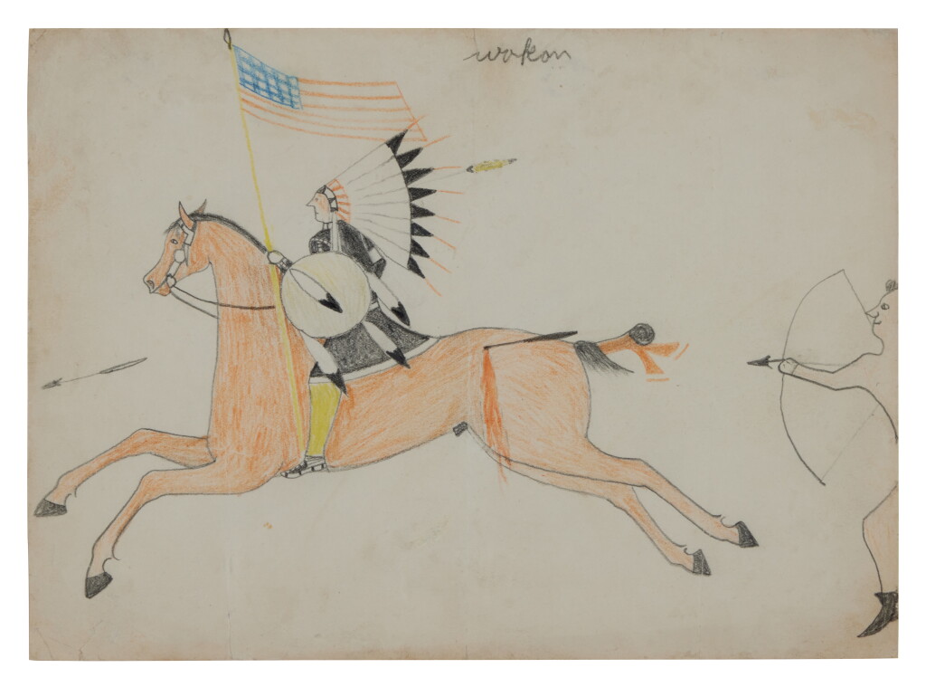 View full screen - View 1 of Lot 48. Lakota Drawing Depicting a Mounted Chief Escaping Attack, attributed to Goes-to-War.