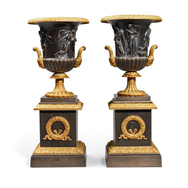 View full screen - View 1 of Lot 91. A Pair of French Gilt and Patinated Bronze Models of the Borghese Vase, on Pedestals, Late 19th Century.