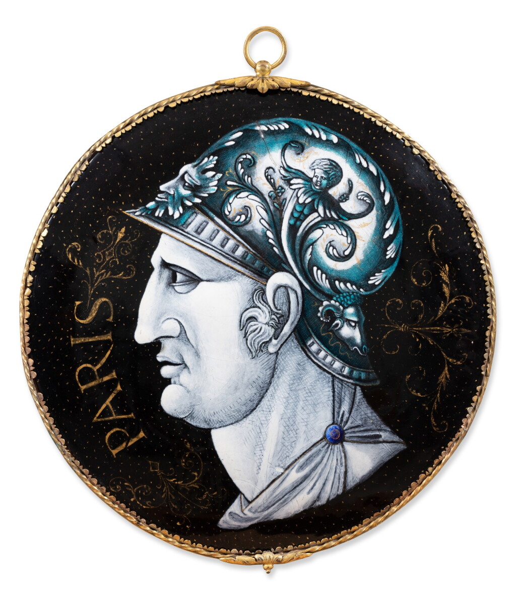 View full screen - View 1 of Lot 123. A Limoges painted enamel medallion with the Trojan hero Paris, Circle of Léonard Limosin (1505-1577), Circa 1550.