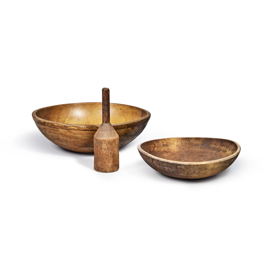 View full screen - View 1 of Lot 102. Two American Turned Wooden Bowls with Pestle, Mid-Atlantic States, 19th Century.