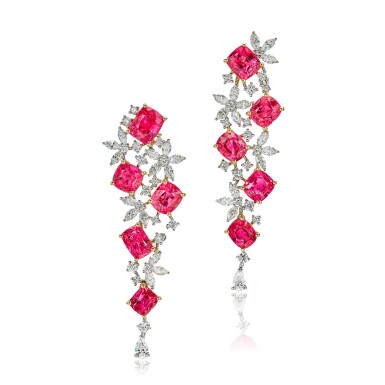 View full screen - View 1 of Lot 256. Pair of Spinel and Diamond Pendent Earrings | 尖晶石 配 鑽石 耳墜一對.