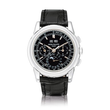 View full screen - View 1 of Lot 80. Ref. 5970, Platinum perpetual calendar chronograph wristwatch with moon phases, 24-hour and leap-year indication Circa 2009 | 百達翡麗 | 5970型號鉑金萬年曆計時腕錶備月相、24小時及閏年顯示,約2009年製.