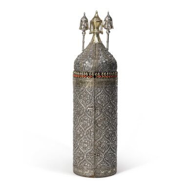 View full screen - View 1 of Lot 26. An Iraqi Silver-Mounted Wood Torah Case, 1876.