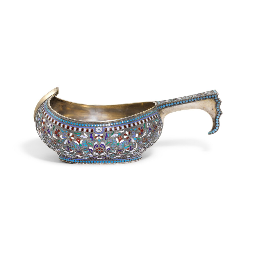 View full screen - View 1 of Lot 117. A silver and cloisonné enamel kovsh, Victor Akimov, Moscow, c.1890.