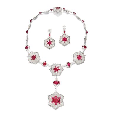 View full screen - View 1 of Lot 1855. Jade, Mother-of-Pearl, Ruby and Diamond Demi-Parure | 寶嘉斯仁 | 白玉,貝母 配 紅寶石 及 鑽石 項鏈 及 耳墜 套裝.