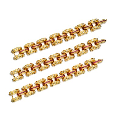 View full screen - View 1 of Lot 506. Three Gold, Ruby and Diamond Bracelets, France.