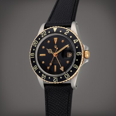 View full screen - View 1 of Lot 186. GMT-Master 'Nipple Dial', Reference 1675 | A stainless steel and yellow gold dual time zone wristwatch with date | Circa 1978.